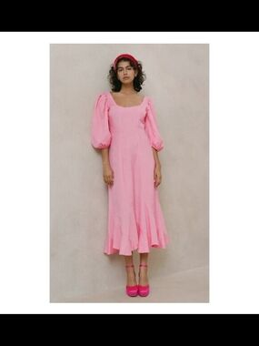 Loeffler Randall Carnima Bubblegum Pink Puff-Sleeve Midi Maxi Dress NWT